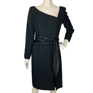 Vintage Victor Costa Black Asymmetric Neckline Satin Tassel Belt Cocktail Dress
